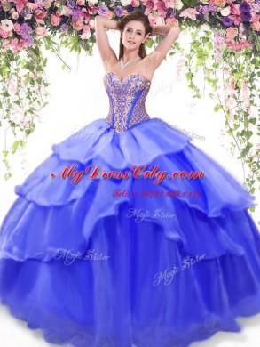 Blue Sweetheart Lace Up Beading and Ruffled Layers Sweet 16 Quinceanera Dress Sleeveless