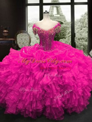 Inexpensive Cap Sleeves Floor Length Lace Up Quinceanera Dress Fuchsia for Military Ball and Sweet 16 and Quinceanera with Beading and Ruffles