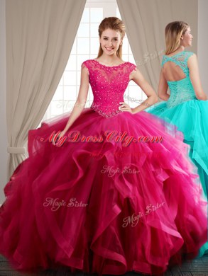Tulle Scoop Cap Sleeves Brush Train Lace Up Beading and Appliques and Ruffles 15th Birthday Dress in Hot Pink