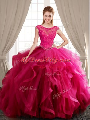 Tulle Scoop Cap Sleeves Brush Train Lace Up Beading and Appliques and Ruffles 15th Birthday Dress in Hot Pink