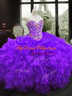 Great Purple Lace Up 15th Birthday Dress Embroidery and Ruffles Sleeveless Floor Length