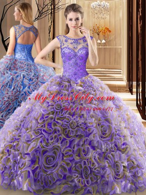 Extravagant Brush Train Ball Gowns Ball Gown Prom Dress Multi-color Scoop Fabric With Rolling Flowers Sleeveless Lace Up