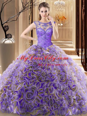 Extravagant Brush Train Ball Gowns Ball Gown Prom Dress Multi-color Scoop Fabric With Rolling Flowers Sleeveless Lace Up