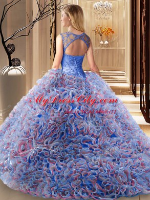 Extravagant Brush Train Ball Gowns Ball Gown Prom Dress Multi-color Scoop Fabric With Rolling Flowers Sleeveless Lace Up