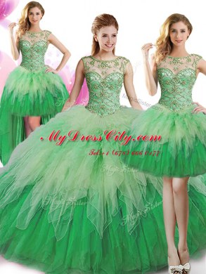 Four Piece Ball Gowns Vestidos de Quinceanera Green Scoop Tulle Sleeveless Floor Length Lace Up