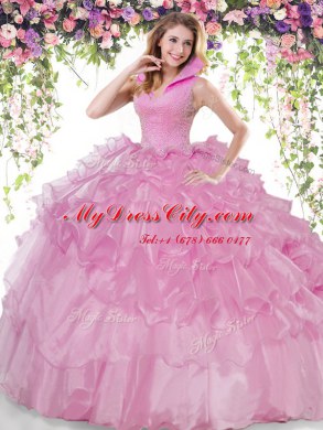 Beading and Ruffled Layers Quinceanera Dress Lilac Backless Sleeveless Floor Length
