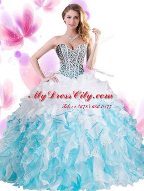 Chic Blue And White Ball Gowns Sweetheart Sleeveless Organza Floor Length Lace Up Beading and Ruffles Quinceanera Dresses