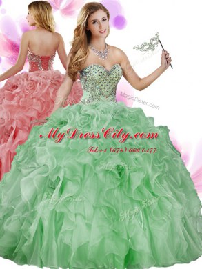 Lovely Sleeveless Organza Floor Length Lace Up Quinceanera Gown in Green with Beading and Ruffles