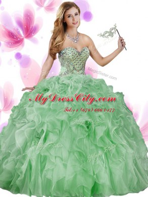 Lovely Sleeveless Organza Floor Length Lace Up Quinceanera Gown in Green with Beading and Ruffles
