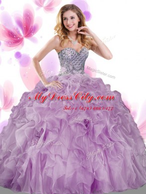 Lovely Sleeveless Organza Floor Length Lace Up Quinceanera Gown in Green with Beading and Ruffles