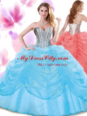 Great Organza Sweetheart Sleeveless Lace Up Beading and Pick Ups Quince Ball Gowns in Baby Blue