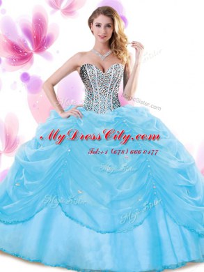 Great Organza Sweetheart Sleeveless Lace Up Beading and Pick Ups Quince Ball Gowns in Baby Blue