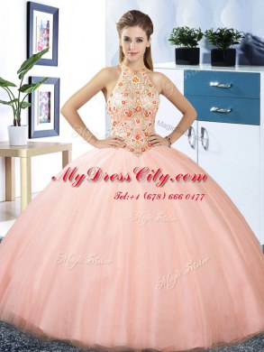 Stylish Halter Top Sleeveless Floor Length Embroidery Lace Up Quinceanera Gown with Peach