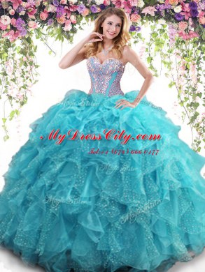 Sleeveless Floor Length Beading and Ruffles Lace Up Quinceanera Gowns with Aqua Blue