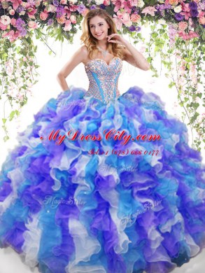 Fashionable Beading and Ruffles Sweet 16 Dress Multi-color Lace Up Sleeveless Floor Length