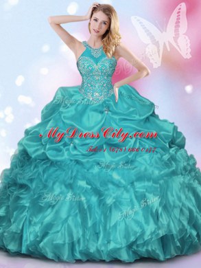 Decent Pick Ups Ball Gowns Vestidos de Quinceanera Teal Halter Top Organza and Taffeta Sleeveless Floor Length Lace Up