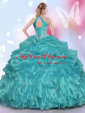 Decent Pick Ups Ball Gowns Vestidos de Quinceanera Teal Halter Top Organza and Taffeta Sleeveless Floor Length Lace Up
