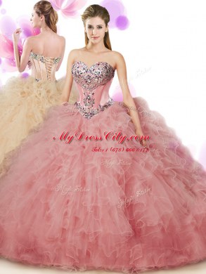 Peach 15th Birthday Dress Military Ball and Sweet 16 and Quinceanera and For with Beading and Ruffles Sweetheart Sleeveless Lace Up