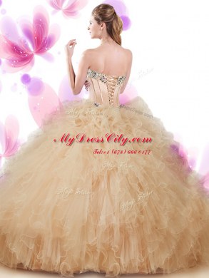 Peach 15th Birthday Dress Military Ball and Sweet 16 and Quinceanera and For with Beading and Ruffles Sweetheart Sleeveless Lace Up