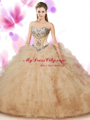Peach 15th Birthday Dress Military Ball and Sweet 16 and Quinceanera and For with Beading and Ruffles Sweetheart Sleeveless Lace Up