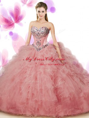 Peach 15th Birthday Dress Military Ball and Sweet 16 and Quinceanera and For with Beading and Ruffles Sweetheart Sleeveless Lace Up