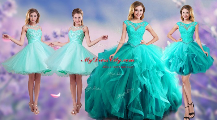 Graceful Scoop Floor Length Lace Up Quinceanera Dresses Aqua Blue for Prom and Military Ball and Sweet 16 and Quinceanera with Beading and Appliques and Ruffles