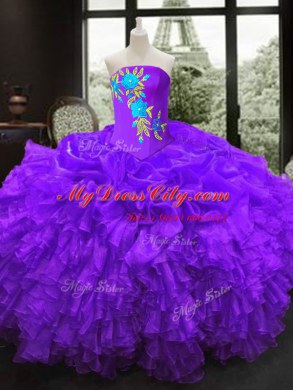 Unique Purple Organza Lace Up Strapless Sleeveless Floor Length Vestidos de Quinceanera Embroidery