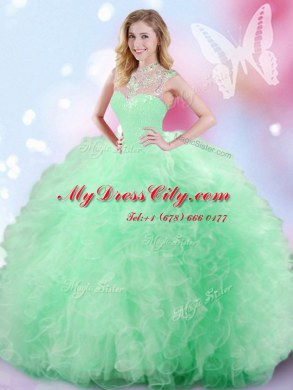 Trendy Sleeveless Floor Length Beading and Ruffles and Sequins Zipper Vestidos de Quinceanera with Apple Green