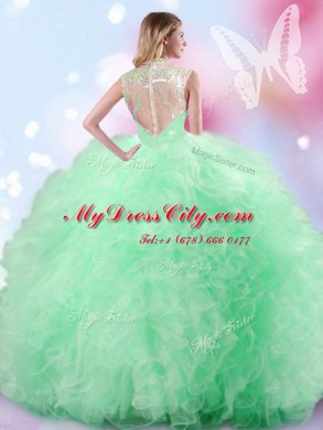 Trendy Sleeveless Floor Length Beading and Ruffles and Sequins Zipper Vestidos de Quinceanera with Apple Green