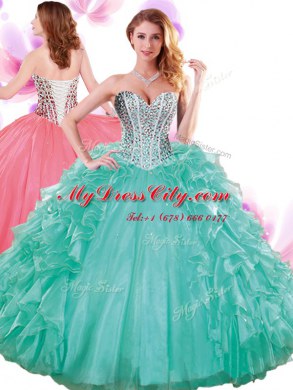 Affordable Turquoise Ball Gowns Beading and Ruffles Ball Gown Prom Dress Lace Up Organza Sleeveless Floor Length