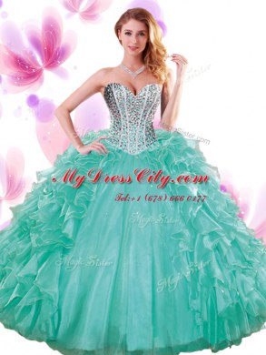 Affordable Turquoise Ball Gowns Beading and Ruffles Ball Gown Prom Dress Lace Up Organza Sleeveless Floor Length