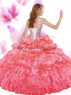 Affordable Turquoise Ball Gowns Beading and Ruffles Ball Gown Prom Dress Lace Up Organza Sleeveless Floor Length