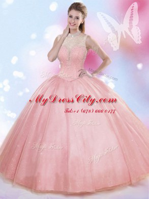 Fine Floor Length Watermelon Red Sweet 16 Dress High-neck Sleeveless Lace Up