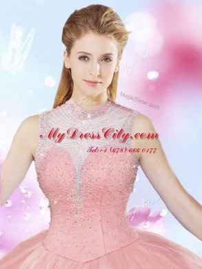 Fine Floor Length Watermelon Red Sweet 16 Dress High-neck Sleeveless Lace Up