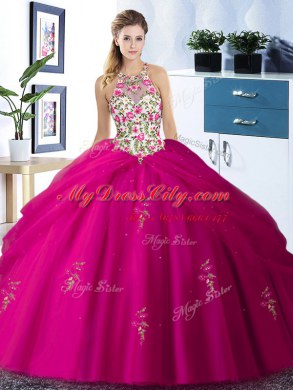Artistic Halter Top Sleeveless Tulle Sweet 16 Dress Embroidery and Pick Ups Lace Up
