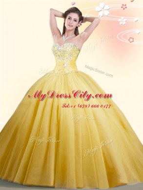 Gold Ball Gowns Sweetheart Sleeveless Tulle Floor Length Lace Up Beading Vestidos de Quinceanera