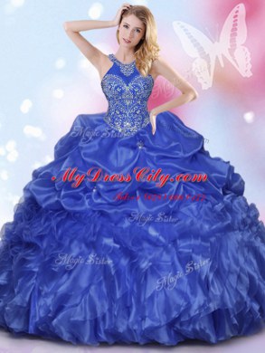 Sophisticated Royal Blue Halter Top Lace Up Appliques and Ruffles and Pick Ups Sweet 16 Quinceanera Dress Sleeveless