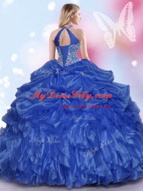 Sophisticated Royal Blue Halter Top Lace Up Appliques and Ruffles and Pick Ups Sweet 16 Quinceanera Dress Sleeveless