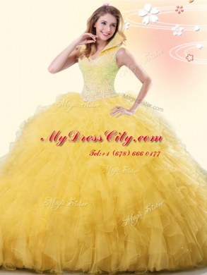 On Sale Backless Tulle Sleeveless Floor Length 15th Birthday Dress and Beading and Ruffles