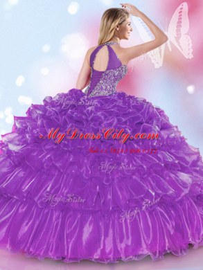 Artistic Halter Top Organza Sleeveless Floor Length Sweet 16 Quinceanera Dress and Appliques and Ruffled Layers