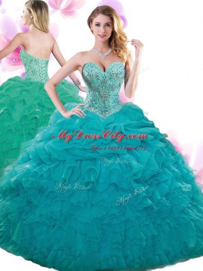 Sexy Sleeveless Lace Up Floor Length Beading and Ruffles and Pick Ups Ball Gown Prom Dress