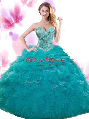 Sexy Sleeveless Lace Up Floor Length Beading and Ruffles and Pick Ups Ball Gown Prom Dress