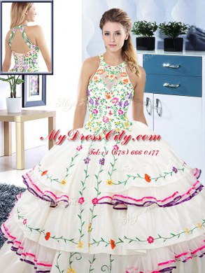 Top Selling Halter Top Ruffled White Sleeveless Organza and Taffeta Lace Up 15th Birthday Dress for Military Ball and Sweet 16 and Quinceanera