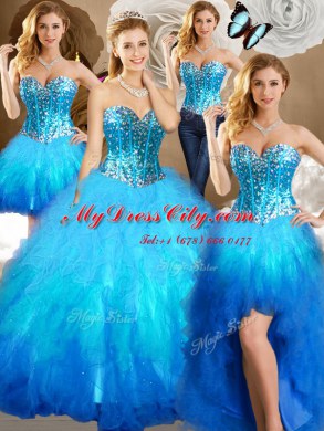 Four Piece Multi-color Ball Gowns Sweetheart Sleeveless Tulle Floor Length Lace Up Beading and Ruffles and Sequins Sweet 16 Dresses