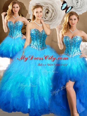 Four Piece Multi-color Ball Gowns Sweetheart Sleeveless Tulle Floor Length Lace Up Beading and Ruffles and Sequins Sweet 16 Dresses