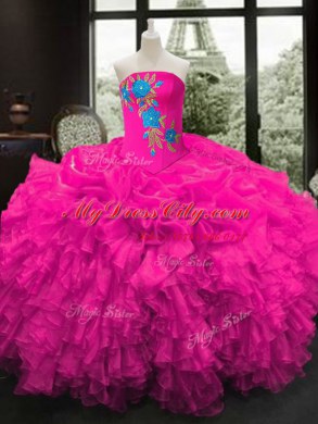 Sophisticated Sleeveless Organza Floor Length Lace Up Quinceanera Dresses in Fuchsia with Embroidery and Ruffles