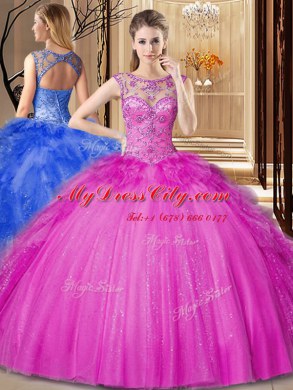 Scoop Hot Pink Ball Gowns Beading and Ruffles Ball Gown Prom Dress Lace Up Tulle Sleeveless Floor Length