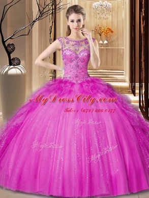Scoop Hot Pink Ball Gowns Beading and Ruffles Ball Gown Prom Dress Lace Up Tulle Sleeveless Floor Length