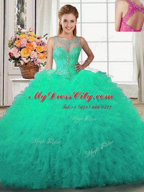 Scoop Turquoise Tulle Lace Up 15 Quinceanera Dress Sleeveless Floor Length Beading and Ruffles