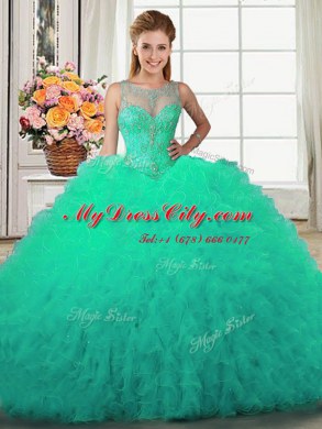 Scoop Turquoise Tulle Lace Up 15 Quinceanera Dress Sleeveless Floor Length Beading and Ruffles